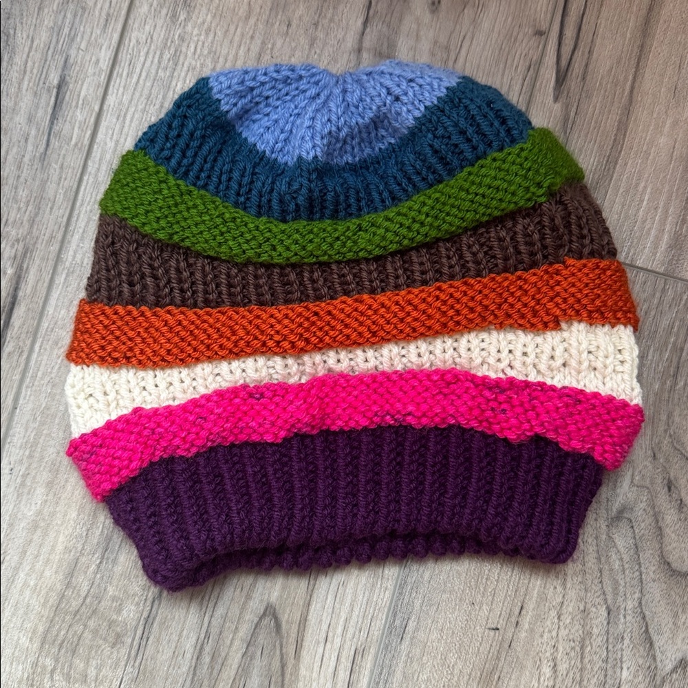 Hand-knitted Beanie Hat in Multicolor Stripes